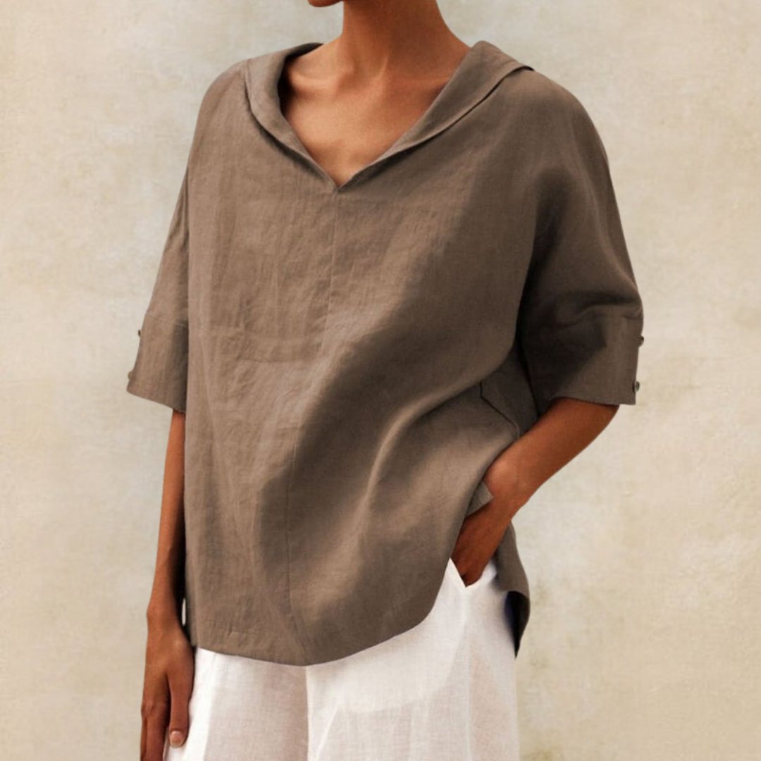 Clara | Women’s Spring Relaxed V-Neck Top – Khaki | The Bellemont Sisters Australia