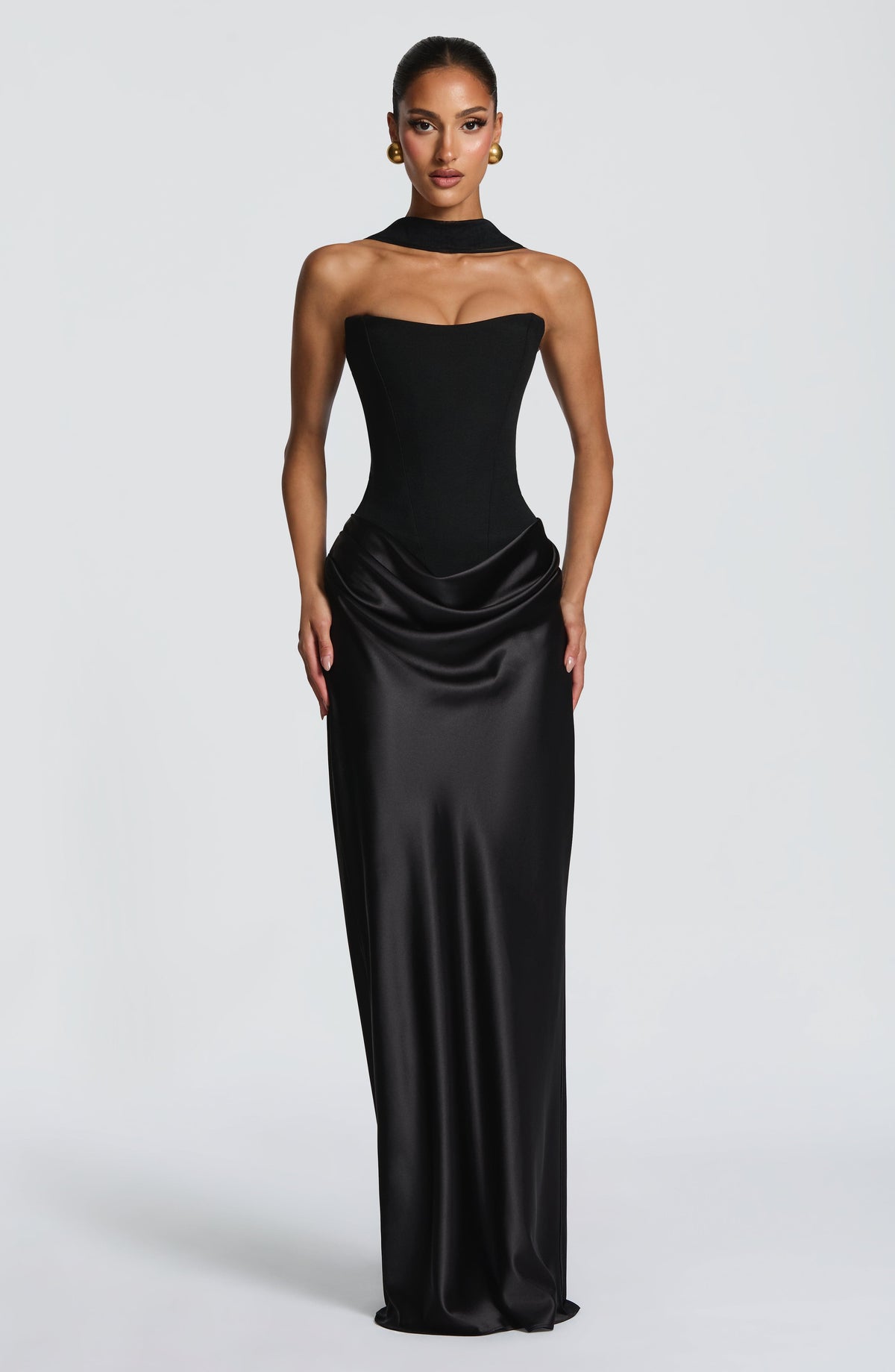 Noelle | Women's Evening Satin Cowl Neck Maxi Dress – Black | The Bellemont Sisters Australia