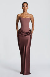 Noelle | Women's Evening Satin Cowl Neck Maxi Dress – Light Brown | The Bellemont Sisters Australia