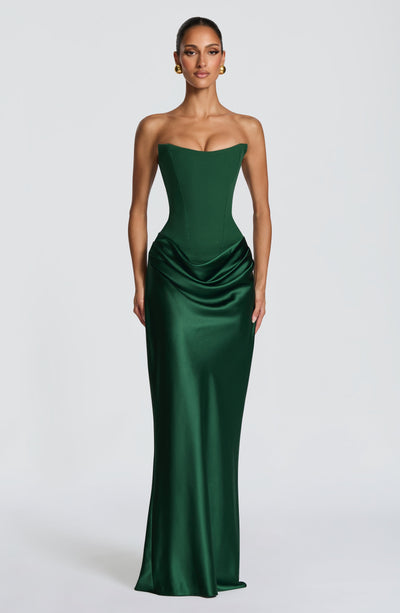Noelle | Women's Evening Satin Cowl Neck Maxi Dress – Green | The Bellemont Sisters Australia