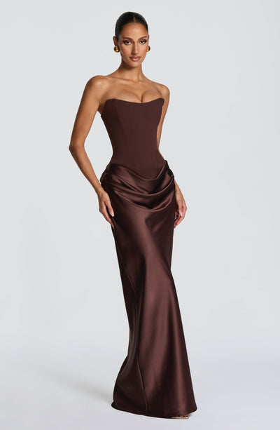 Noelle | Women's Evening Satin Cowl Neck Maxi Dress – Brown | The Bellemont Sisters Australia