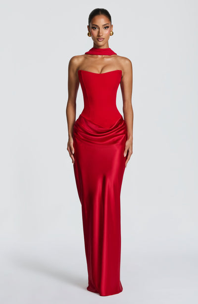 Noelle | Women's Evening Satin Cowl Neck Maxi Dress – Red | The Bellemont Sisters Australia