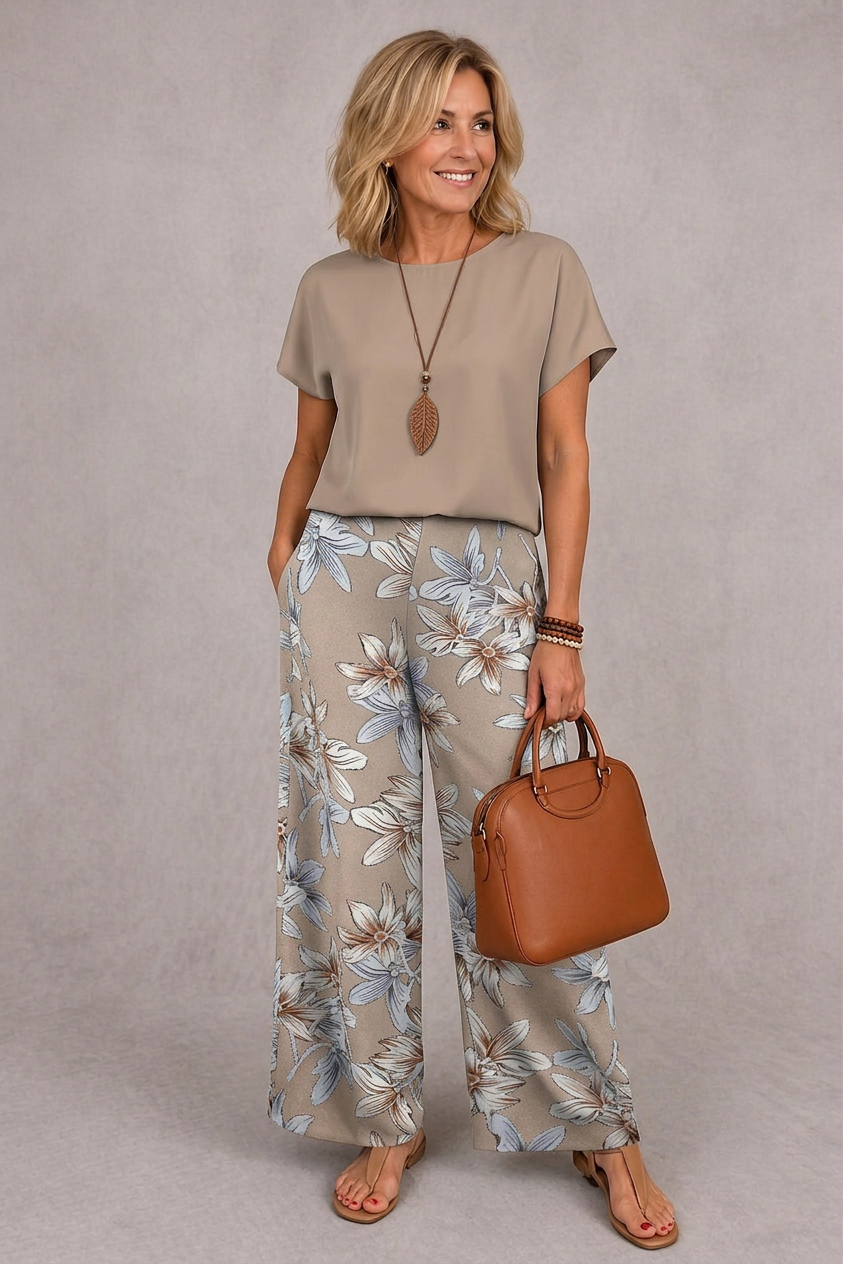 Rosie | Elegant Floral Two-Piece Set – Khaki | The Bellemont Sisters Australia