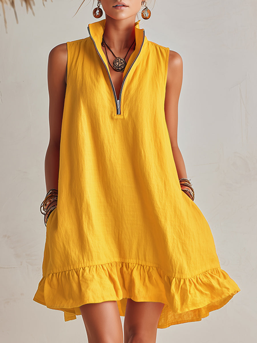 Vibrant Resort Orange Half-Zip Stand Collar Ruffled Mini Dress – Yellow | The Bellemont Sisters Australia