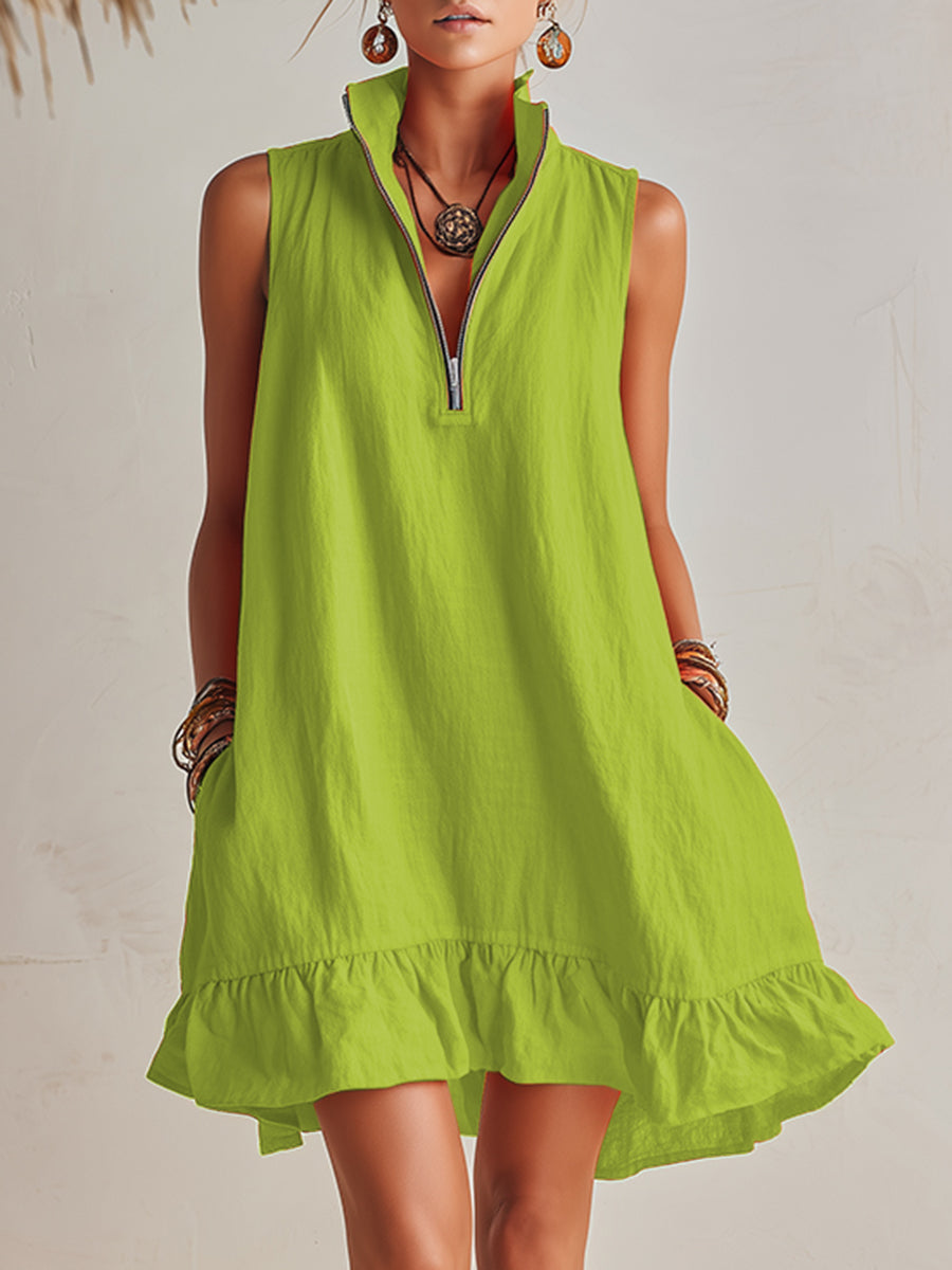 Vibrant Resort Orange Half-Zip Stand Collar Ruffled Mini Dress – Green | The Bellemont Sisters Australia