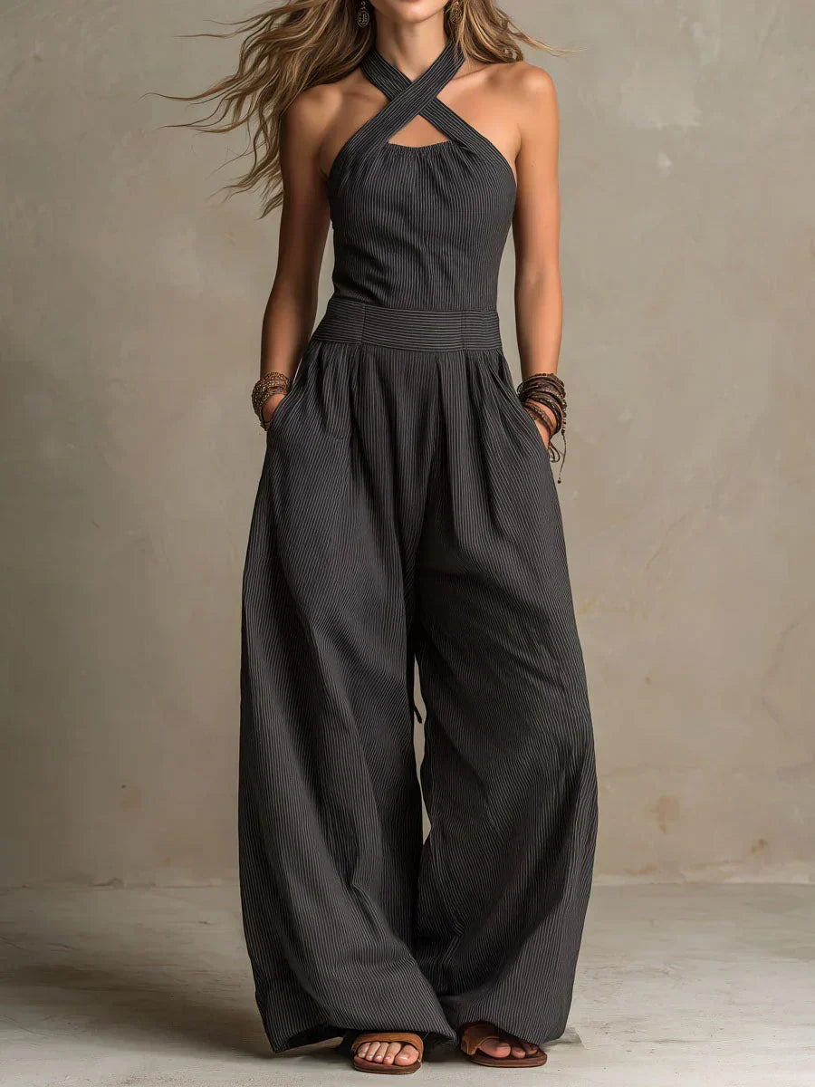 Bianca | Elegant jumpsuit with crossover neckline – Black | The Bellemont Sisters Australia