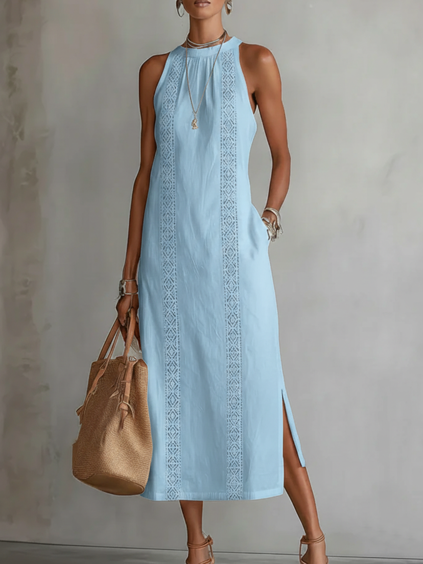 Jimena | Relaxed Embroidered Mandarin Collar Midi Dress – Blue | The Bellemont Sisters Australia