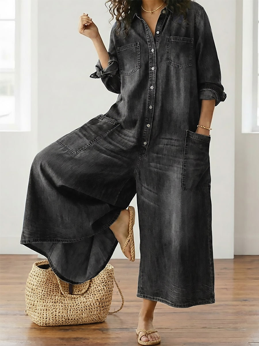 Saylor - Vintage Washed Soft Cotton Denim Jumpsuit with Button Closure | The Bellemont Sisters Australia