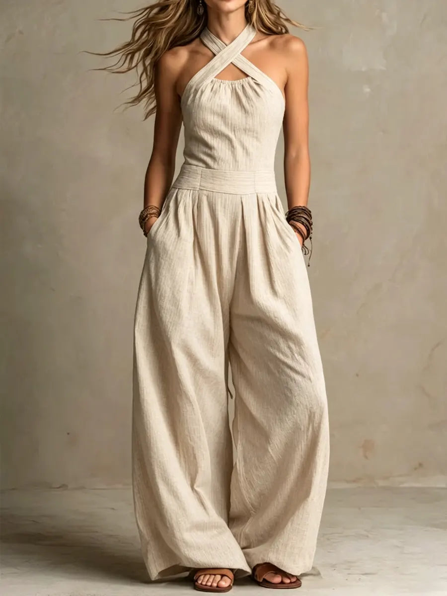Bianca | Elegant jumpsuit with crossover neckline – Beige | The Bellemont Sisters Australia