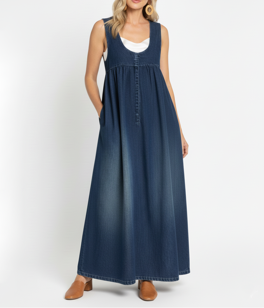 Miranda - Vintage Washed Soft Cotton Feel Denim Maxi Dress | The Bellemont Sisters Australia