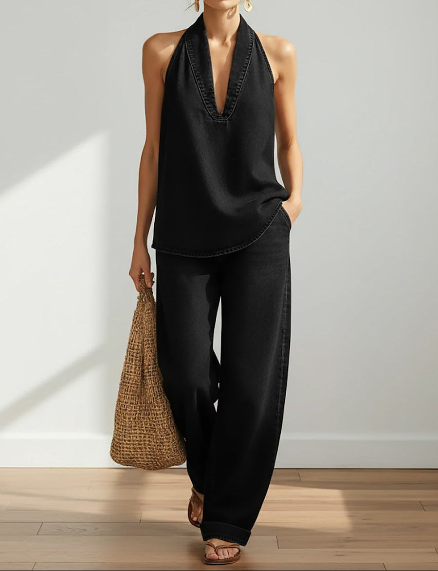 Saylor - Vintage Washed Soft Denim-Look Two-Piece Set – Black | The Bellemont Sisters Australia