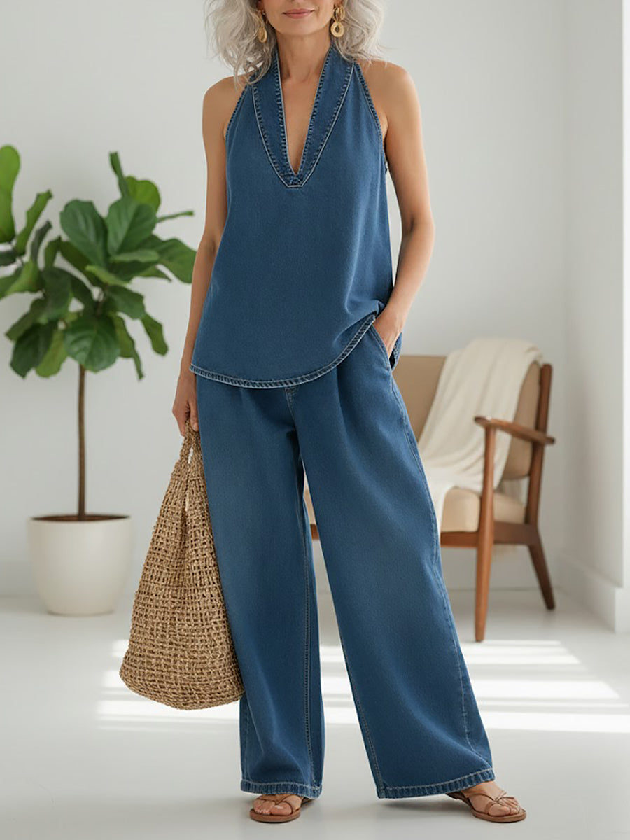 Saylor - Vintage Washed Soft Denim-Look Two-Piece Set | The Bellemont Sisters Australia