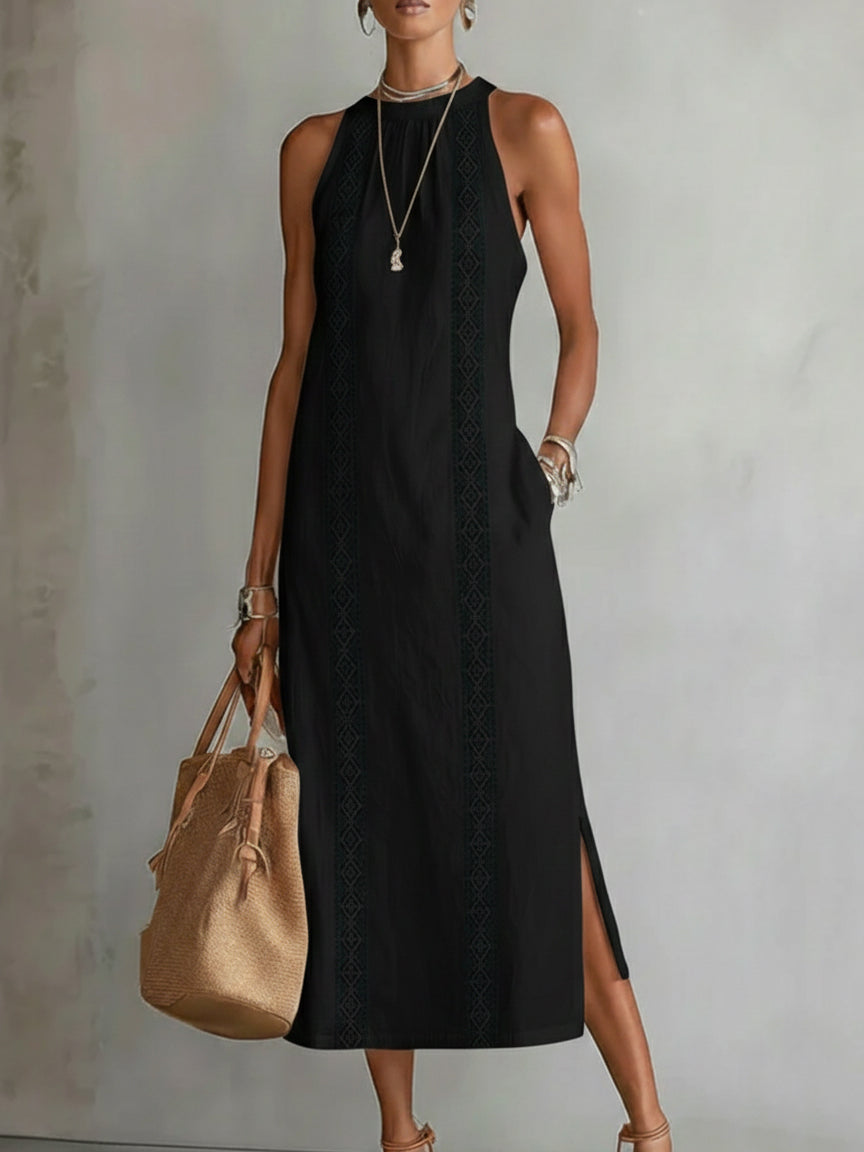 Jimena | Relaxed Embroidered Mandarin Collar Midi Dress – Black | The Bellemont Sisters Australia