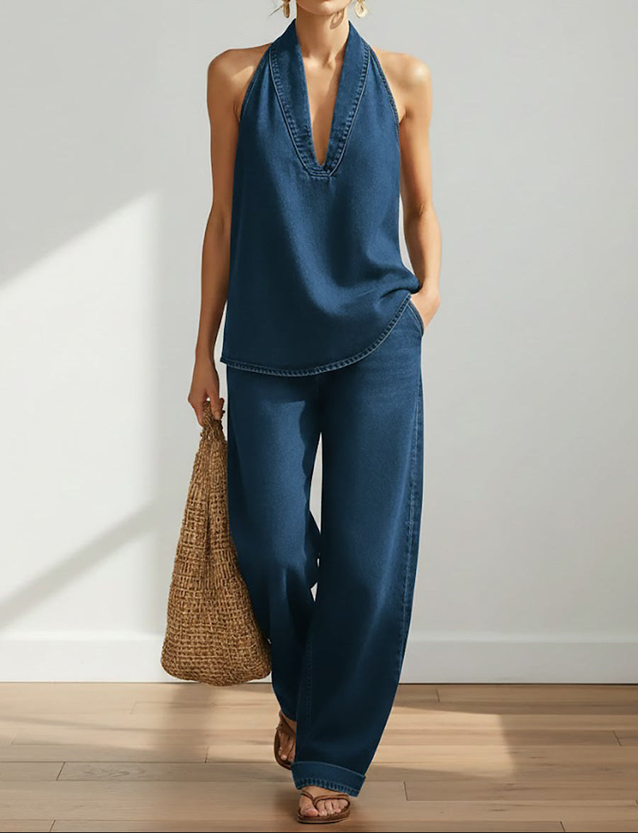 Saylor - Vintage Washed Soft Denim-Look Two-Piece Set – Blue | The Bellemont Sisters Australia