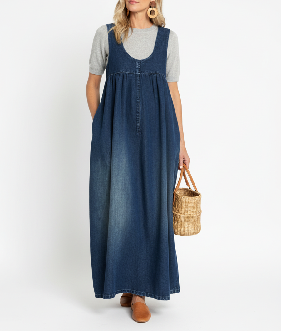 Miranda - Vintage Washed Soft Cotton Feel Denim Maxi Dress | The Bellemont Sisters Australia