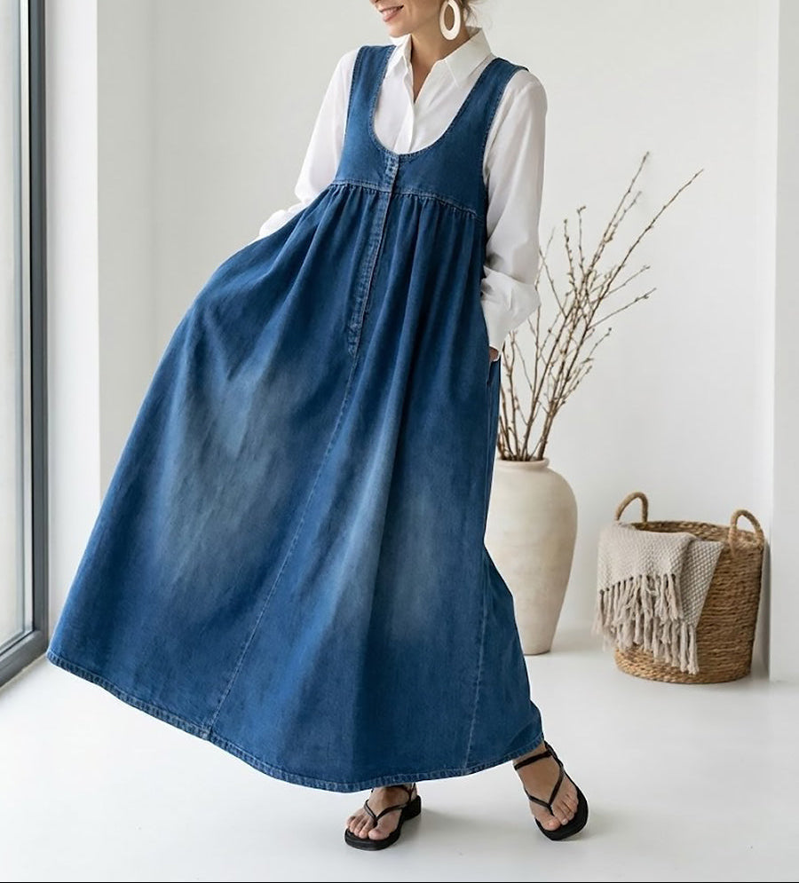 Miranda - Vintage Washed Soft Cotton Feel Denim Maxi Dress | The Bellemont Sisters Australia