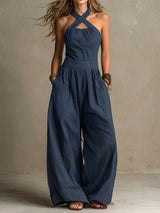 Bianca | Elegant jumpsuit with crossover neckline – Navy blue | The Bellemont Sisters Australia