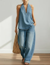 Saylor - Vintage Washed Soft Denim-Look Two-Piece Set | The Bellemont Sisters Australia