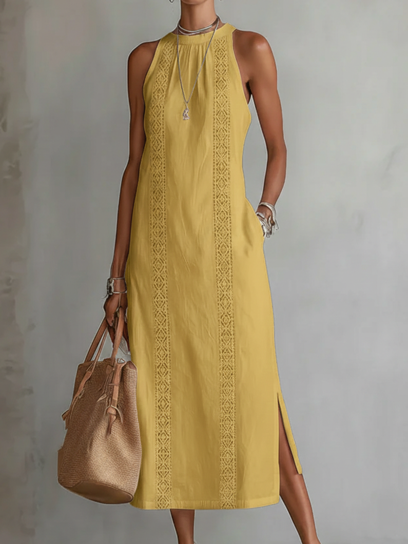 Jimena | Relaxed Embroidered Mandarin Collar Midi Dress – Yellow | The Bellemont Sisters Australia