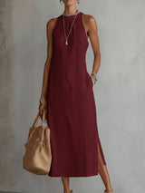 Jimena | Relaxed Embroidered Mandarin Collar Midi Dress – Red | The Bellemont Sisters Australia