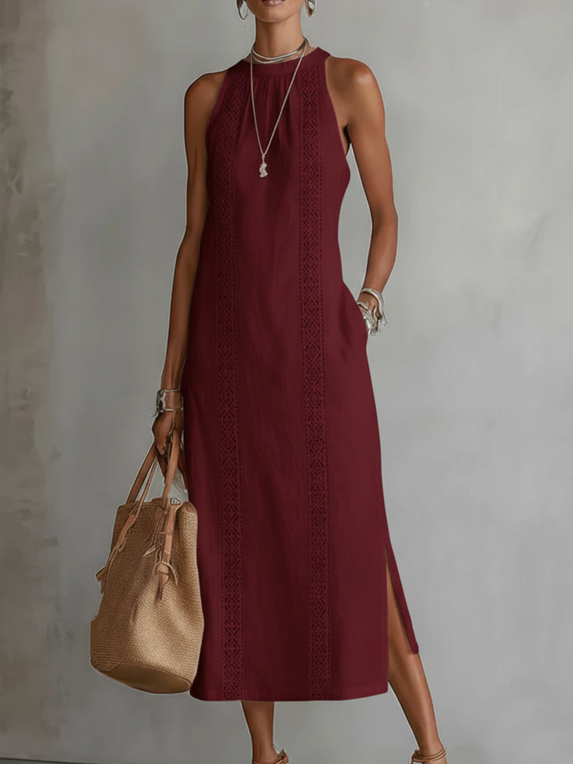 Jimena | Relaxed Embroidered Mandarin Collar Midi Dress – Red | The Bellemont Sisters Australia