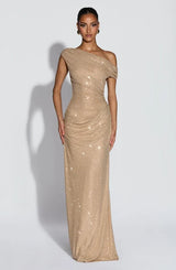 Helena | Women's Evening Sparkle Maxi Dress – Beige | The Bellemont Sisters Australia