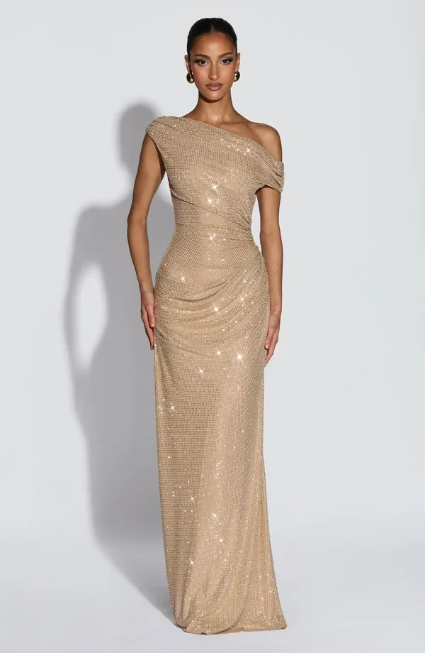 Helena | Women's Evening Sparkle Maxi Dress – Beige | The Bellemont Sisters Australia