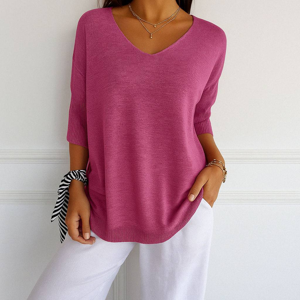 Clara | Women V Neck Short Sleeve Sweater – Pink | The Bellemont Sisters Australia