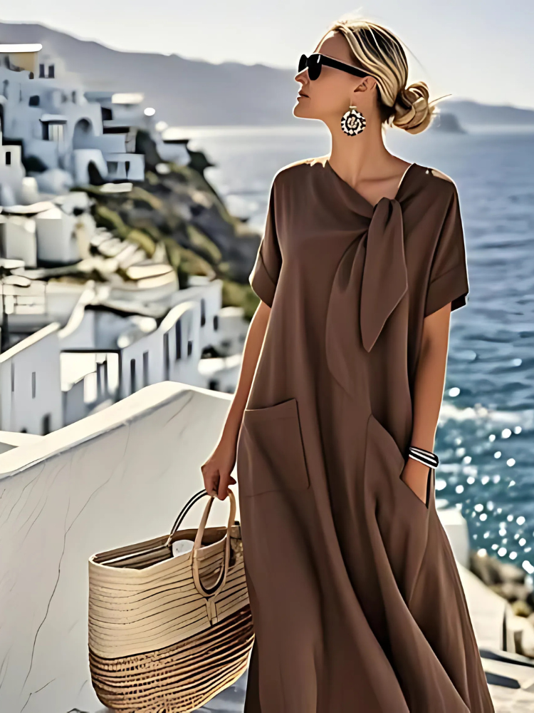 Janet | Elegant Loose Fit Summer Maxi Dress with Pockets – Brown | The Bellemont Sisters Australia