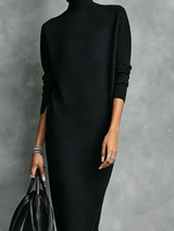 Women's Elegant Black Knitted Turtleneck Long-sleeved Loose-fitting  Midi Dress With No Pockets MDA1974L7AN | The Bellemont S