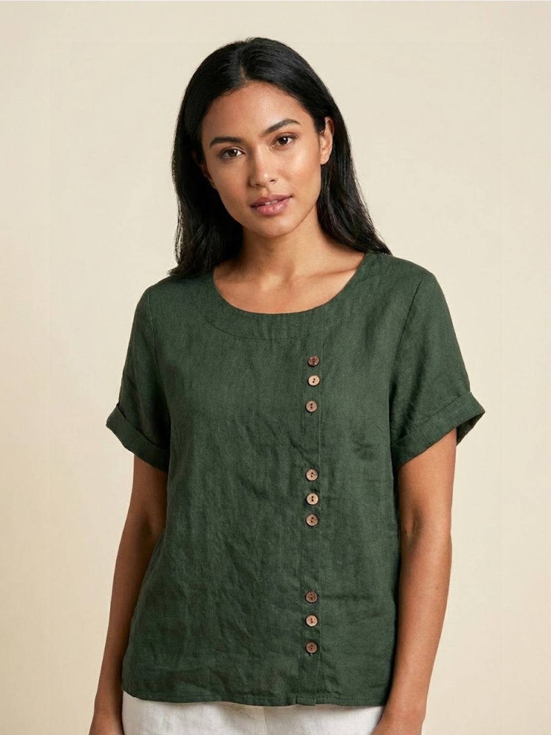 Grace | Women’s Linen Round Neck Button Blouse – Army Green | The Bellemont Sisters Australia