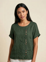 Grace | Women’s Linen Round Neck Button Blouse – Army Green | The Bellemont Sisters Australia