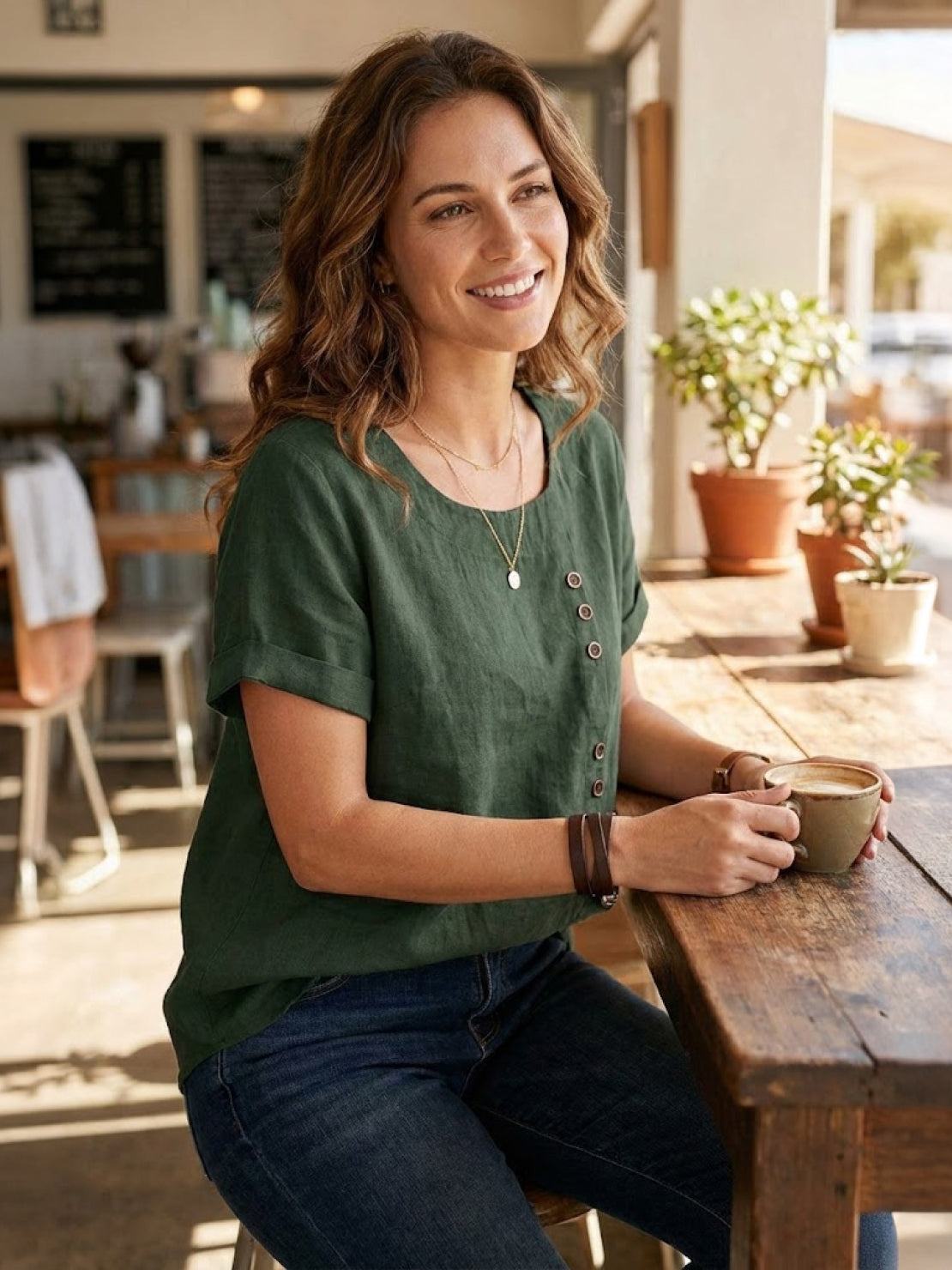 Grace | Women’s Linen Round Neck Button Blouse | The Bellemont Sisters Australia