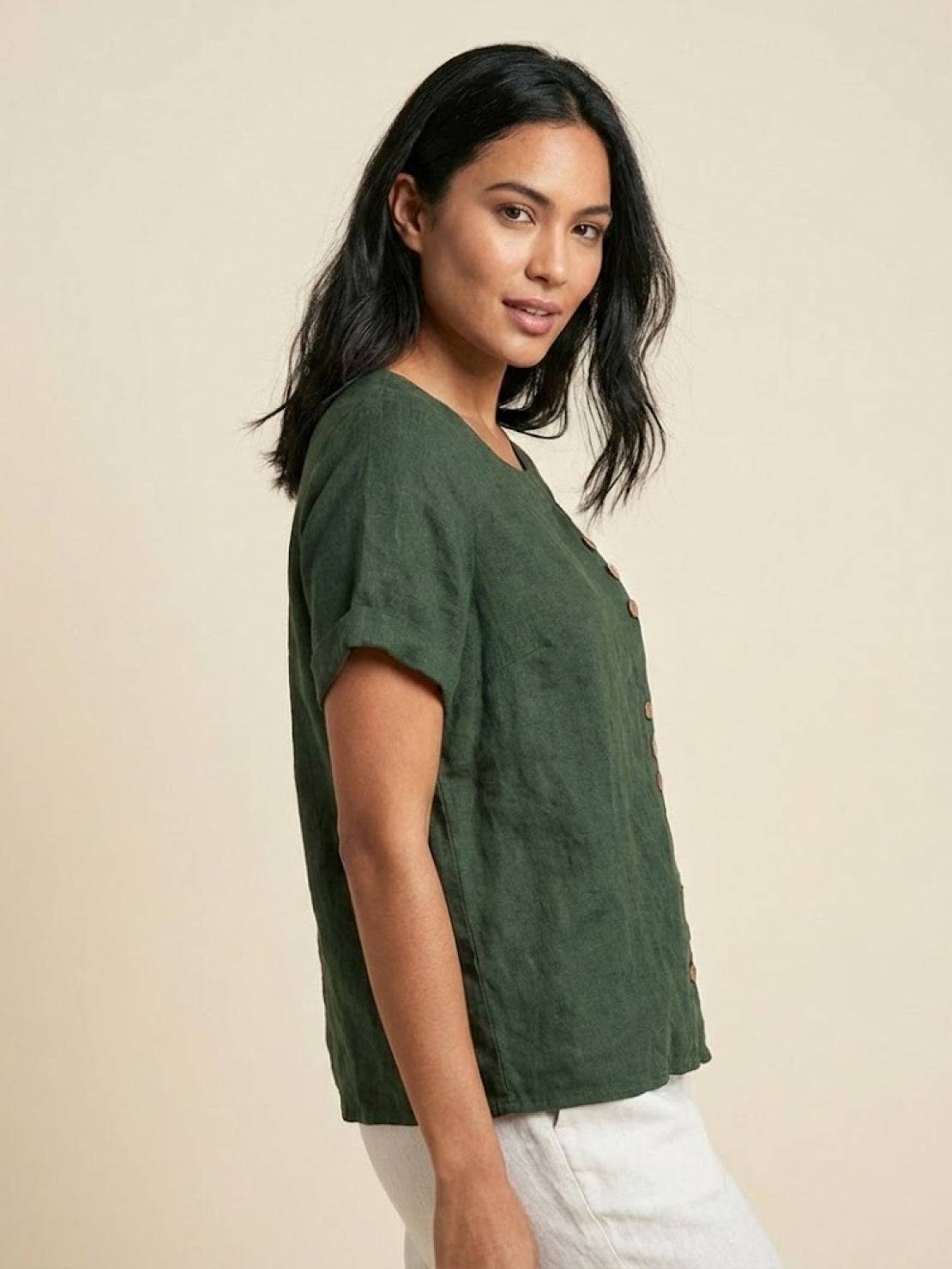 Grace | Women’s Linen Round Neck Button Blouse | The Bellemont Sisters Australia