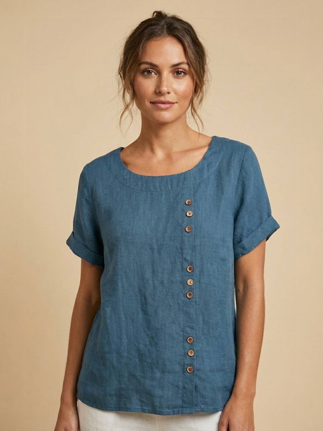 Grace | Women’s Linen Round Neck Button Blouse – Deep Teal | The Bellemont Sisters Australia