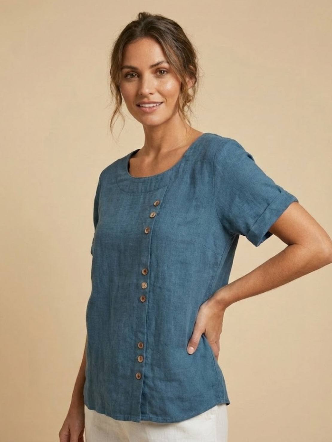 Grace | Women’s Linen Round Neck Button Blouse | The Bellemont Sisters Australia