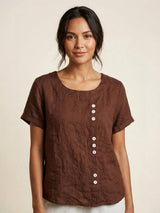 Grace | Women’s Linen Round Neck Button Blouse – Coffee Brown | The Bellemont Sisters Australia