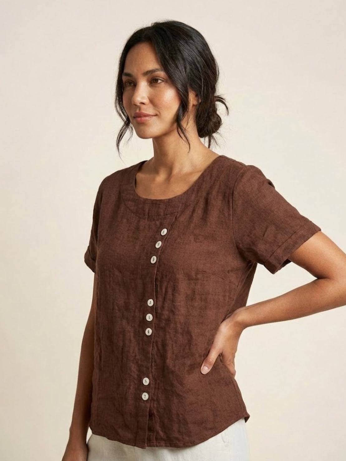 Grace | Women’s Linen Round Neck Button Blouse | The Bellemont Sisters Australia