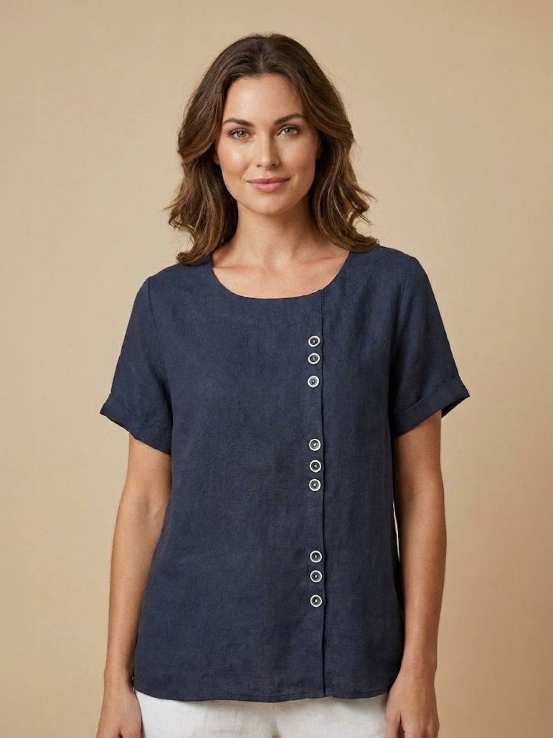 Grace | Women’s Linen Round Neck Button Blouse – Navy Blue | The Bellemont Sisters Australia