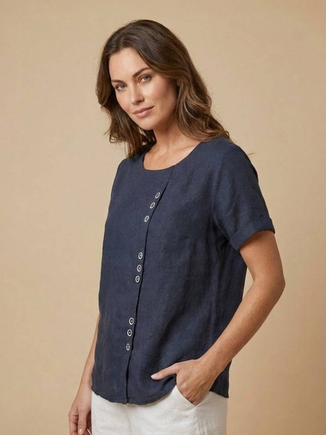 Grace | Women’s Linen Round Neck Button Blouse | The Bellemont Sisters Australia