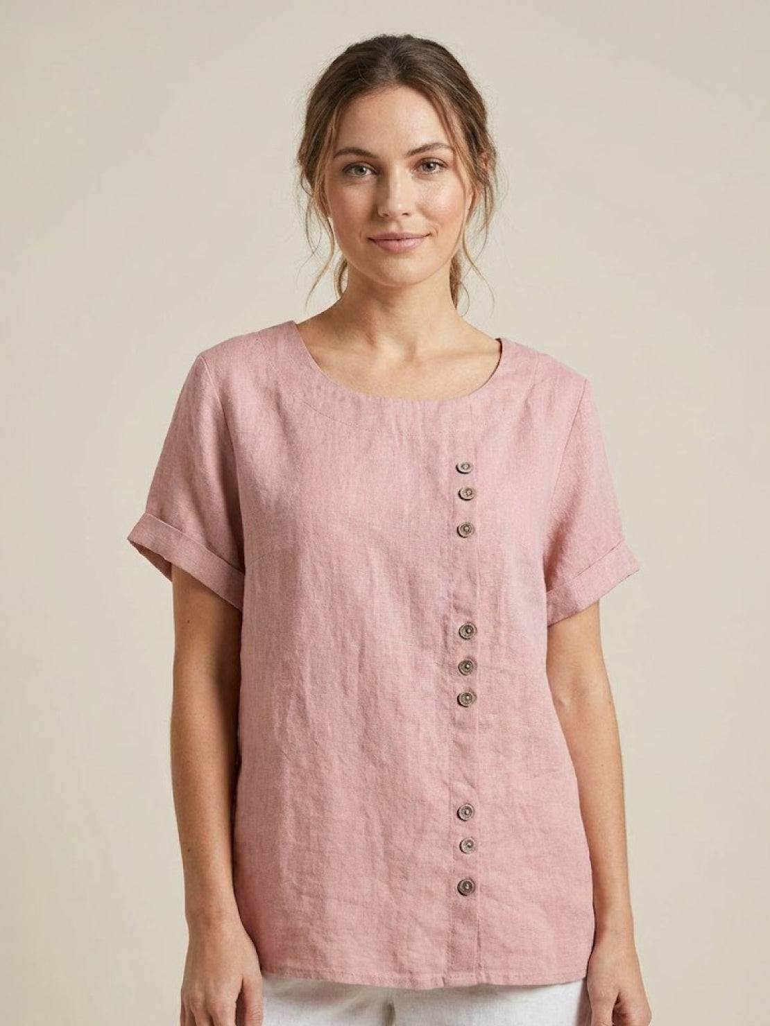 Grace | Women’s Linen Round Neck Button Blouse – Light Pink | The Bellemont Sisters Australia