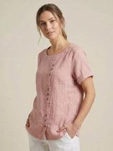 Grace | Women’s Linen Round Neck Button Blouse | The Bellemont Sisters Australia