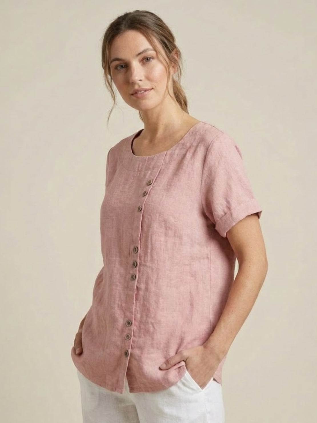 Grace | Women’s Linen Round Neck Button Blouse | The Bellemont Sisters Australia
