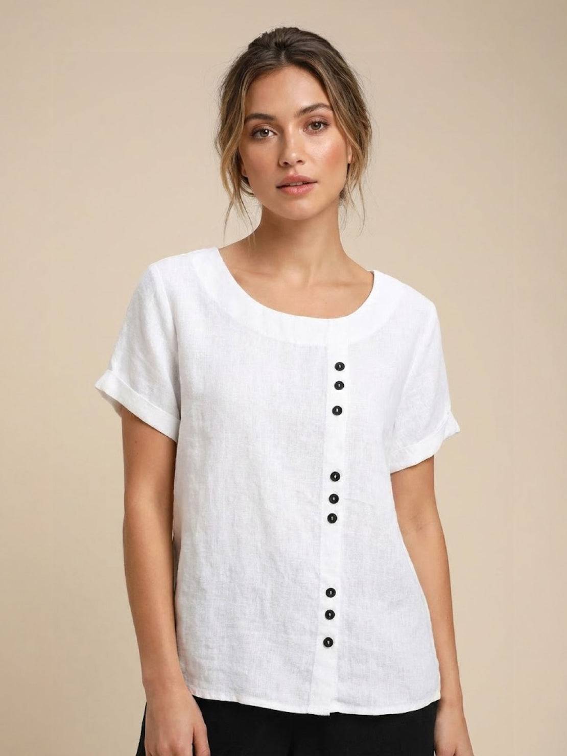 Grace | Women’s Linen Round Neck Button Blouse – White | The Bellemont Sisters Australia