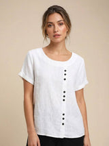 Grace | Women’s Linen Round Neck Button Blouse – White | The Bellemont Sisters Australia