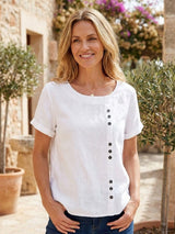 Grace | Women’s Linen Round Neck Button Blouse | The Bellemont Sisters Australia