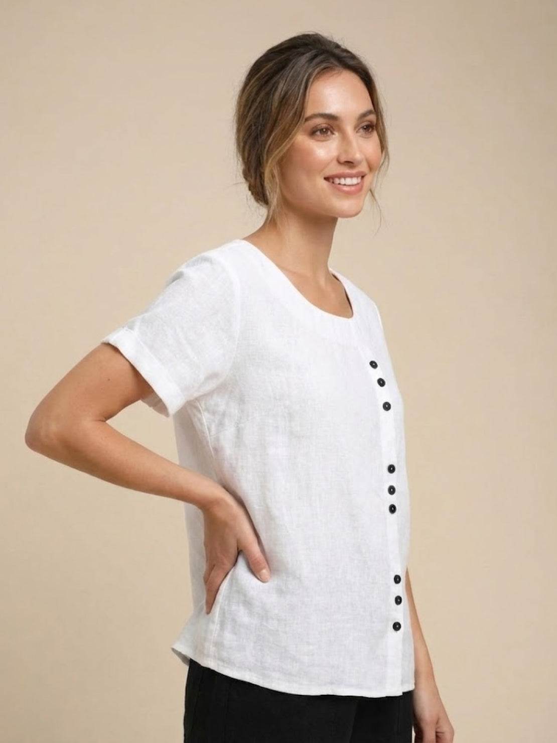 Grace | Women’s Linen Round Neck Button Blouse | The Bellemont Sisters Australia
