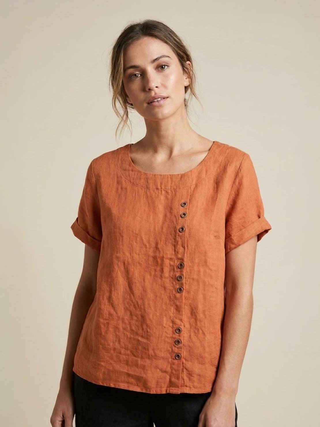 Grace | Women’s Linen Round Neck Button Blouse – Orange | The Bellemont Sisters Australia