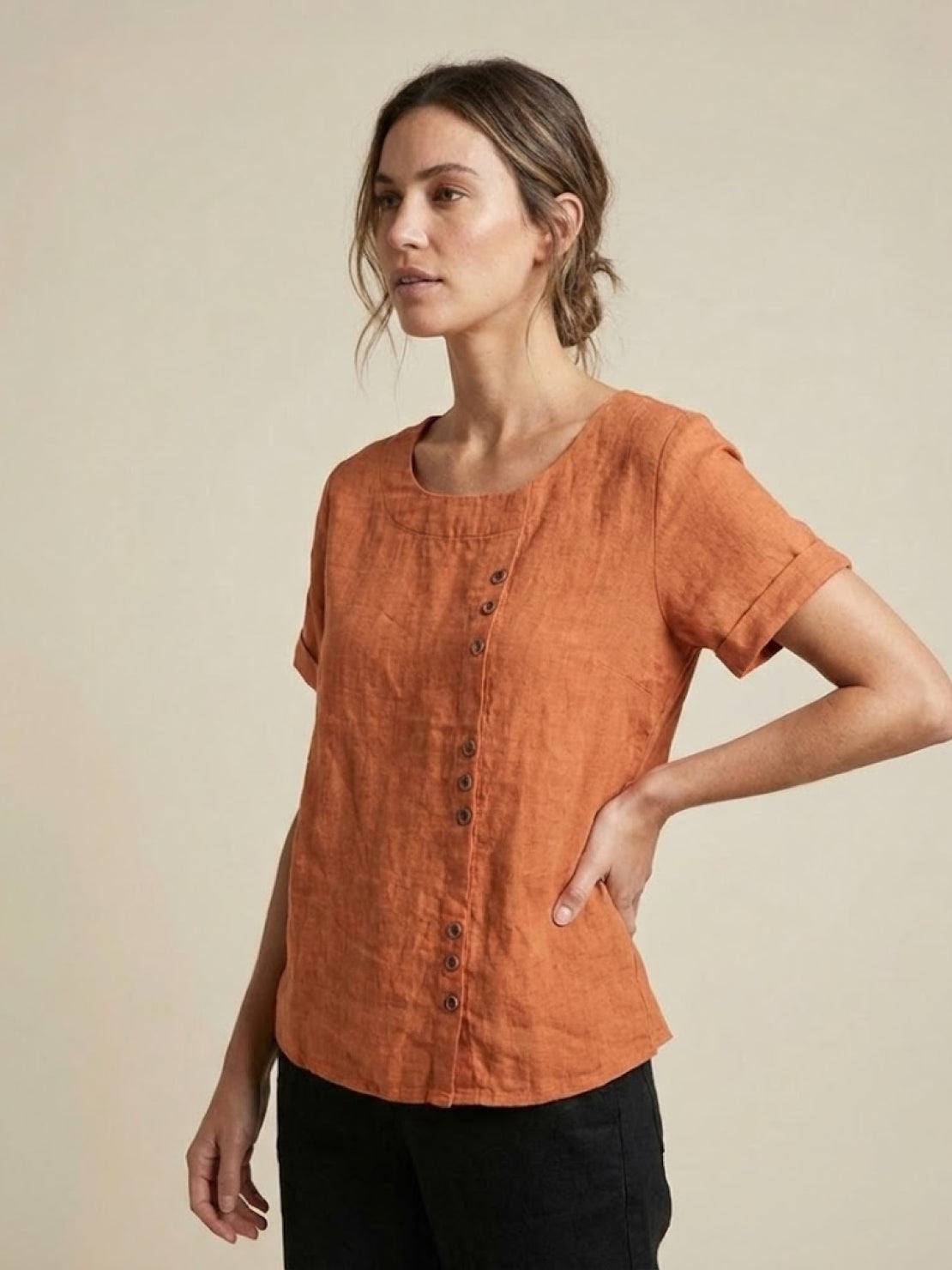 Grace | Women’s Linen Round Neck Button Blouse | The Bellemont Sisters Australia