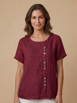 Grace | Women’s Linen Round Neck Button Blouse – Burgundy | The Bellemont Sisters Australia